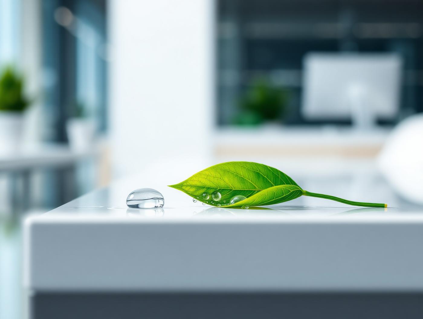 A green leaf and water droplet on an office surface, natural probiotic cleaning