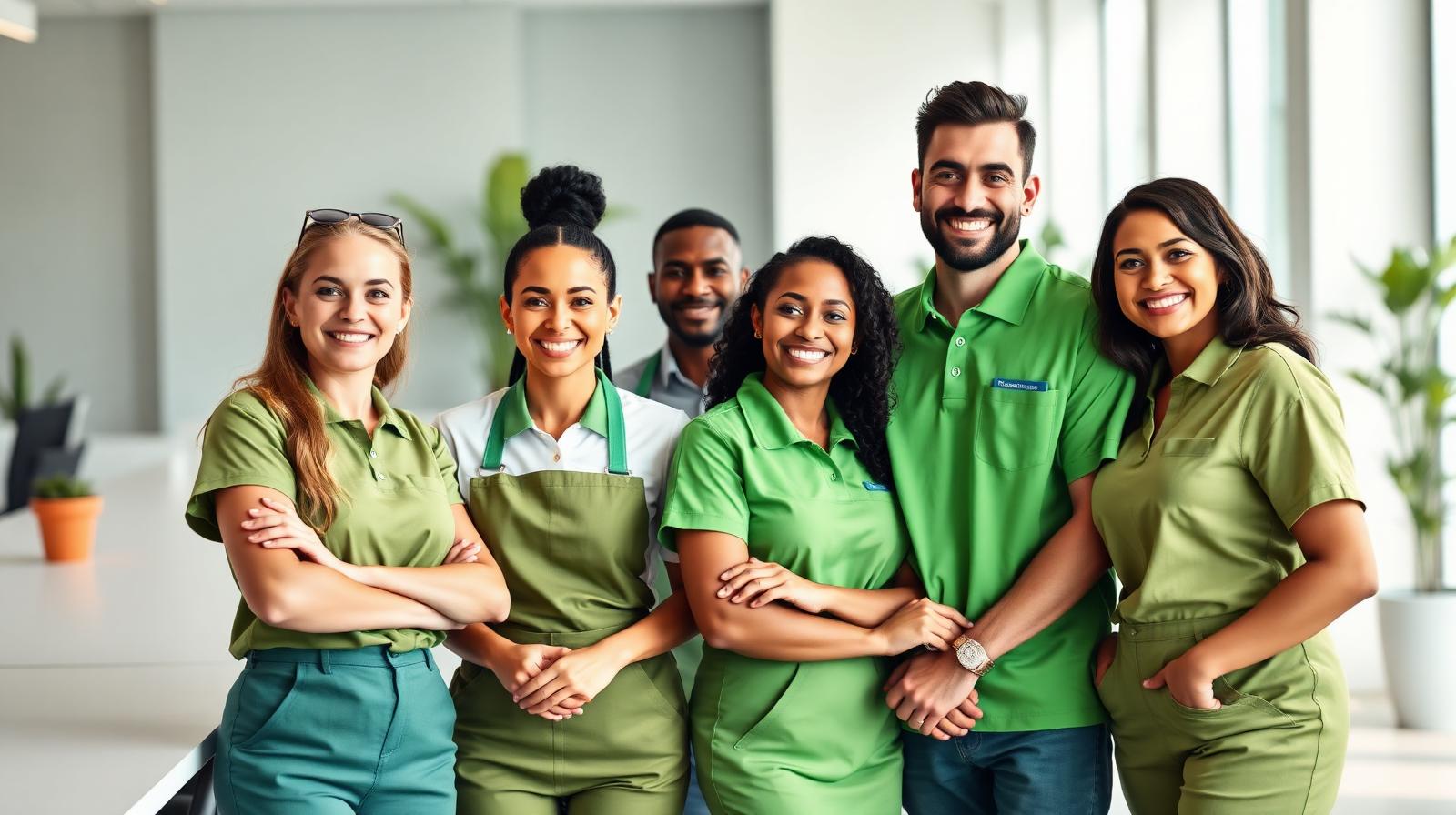 A happy GreenCleanOffice team in green uniforms